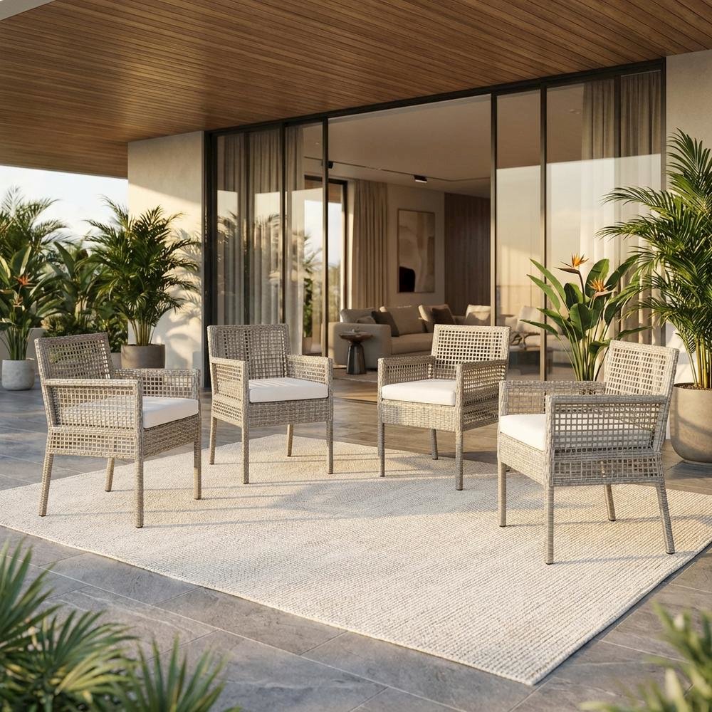 Set Of 4 Outdoor Wicker Rattan Dining Armchairs For Patio. Picture 2