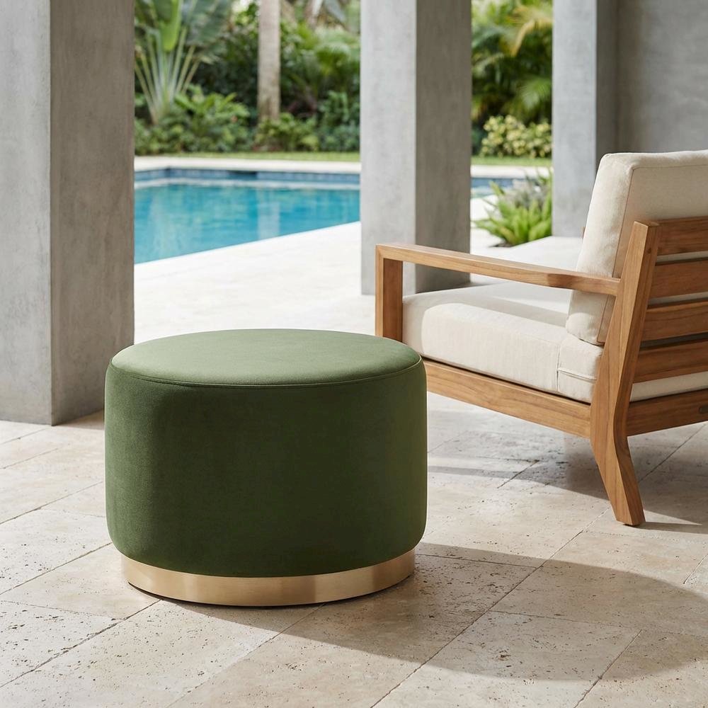 Performance Velvet Round Ottoman, Neutral Color, Plush Upholstery, Sturdy Base. Picture 3