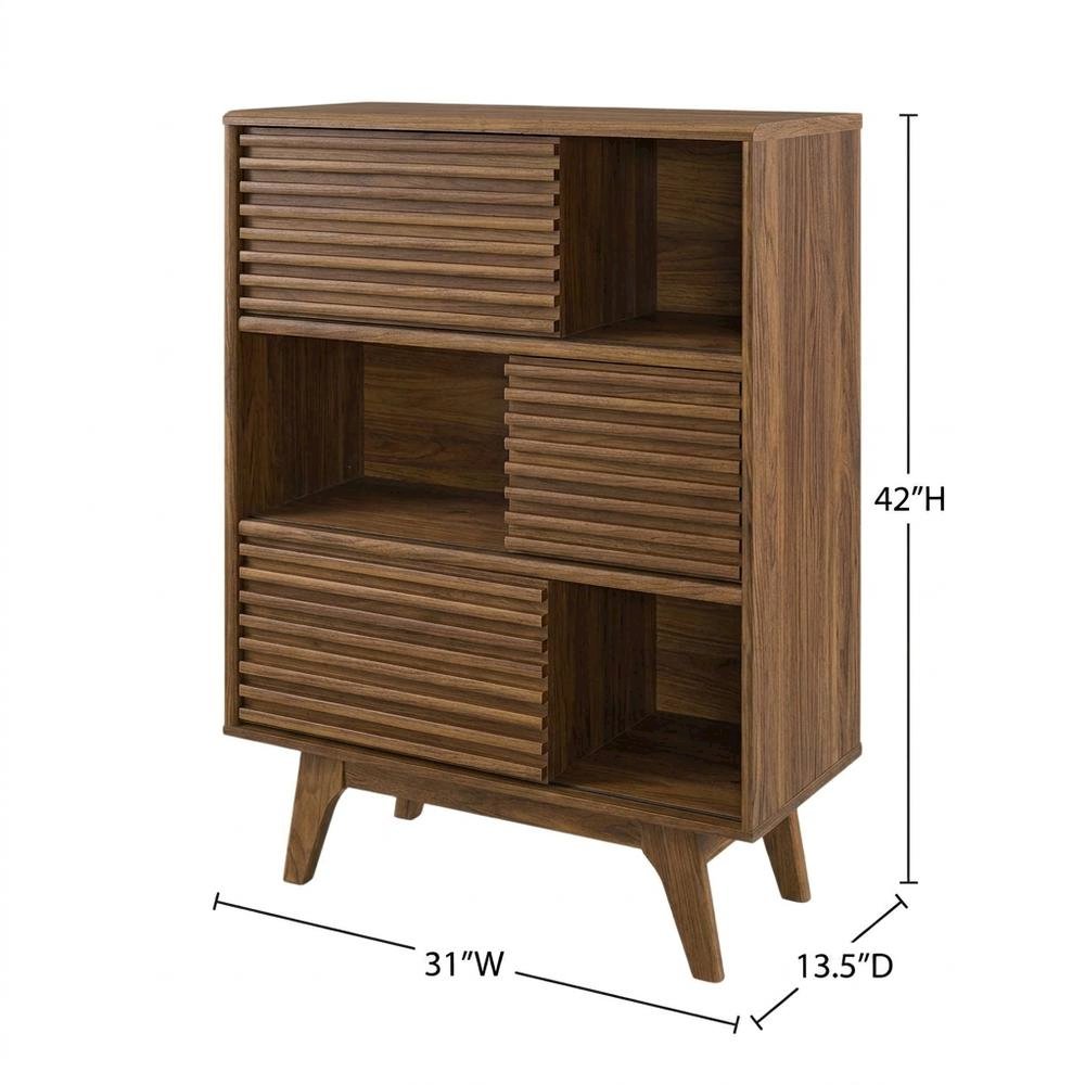 Mid-Century Modern Three-Tier Display Cabinet with Bookshelf Storage, Walnut. Picture 5