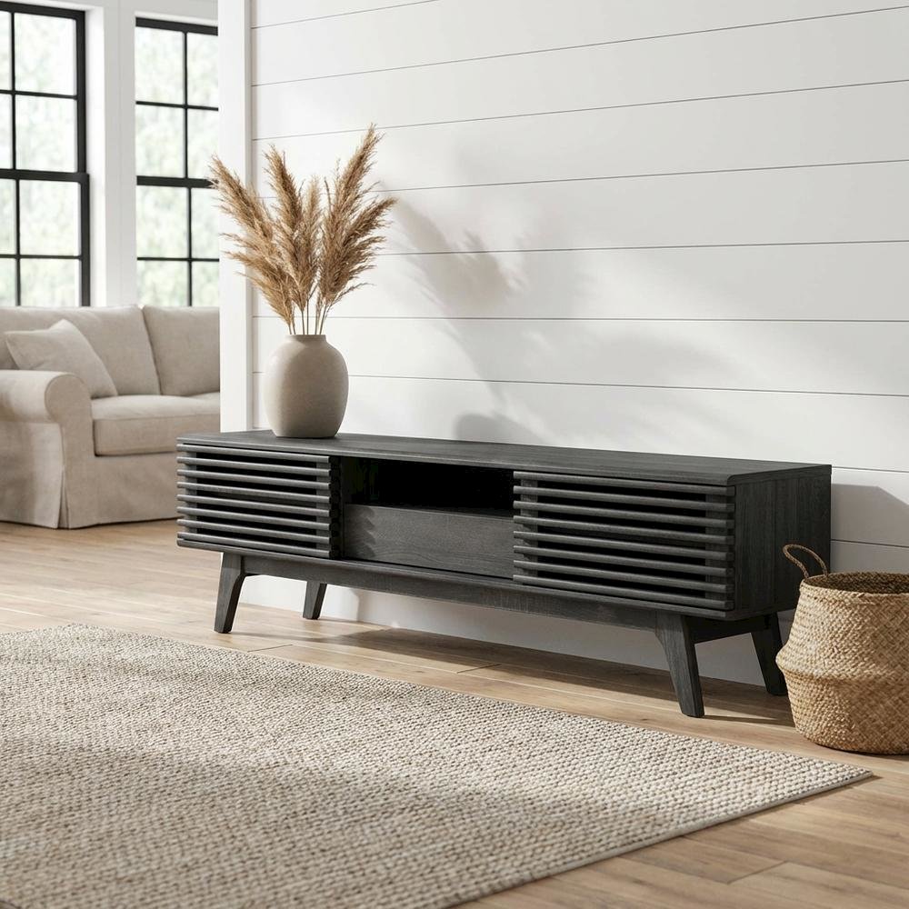 Gray wood TV stand with sleek design and spacious storage. Picture 2