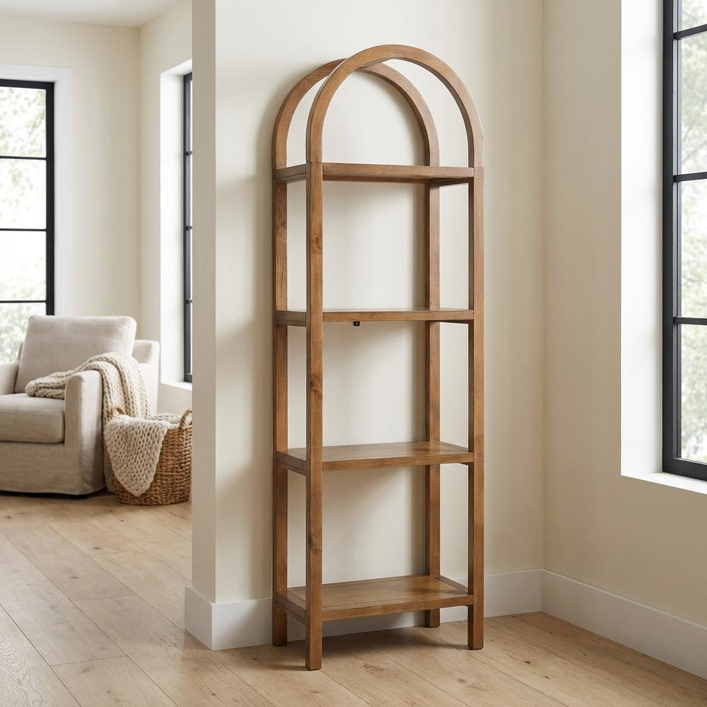 Tall brown arched bookshelf with engineered wood frame for stylish storage. Picture 3