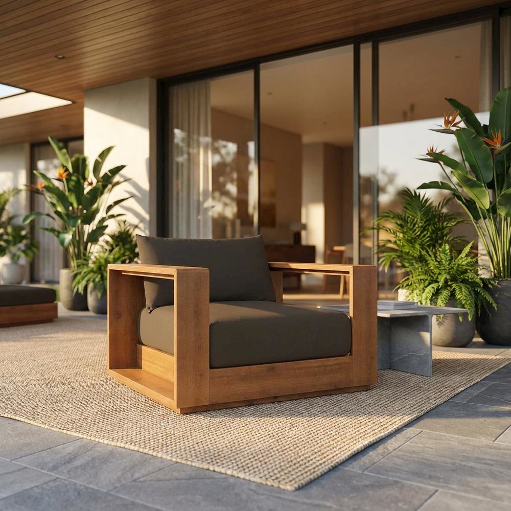 Outdoor Patio Acacia Wood Lounge Chair with Armrests and Comfort Seat. Picture 2