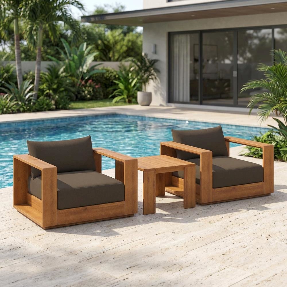 3-Piece Outdoor Acacia Wood Patio Furniture Set, Comfortable Seating, Armrests. Picture 3