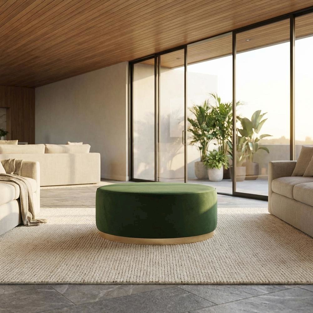 Performance Velvet Upholstered Outdoor Ottoman In Neutral Color. Picture 2