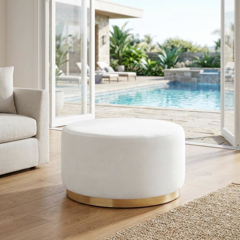 Round Performance Velvet Ottoman With Upholstered Top For Outdoor Use. Picture 3