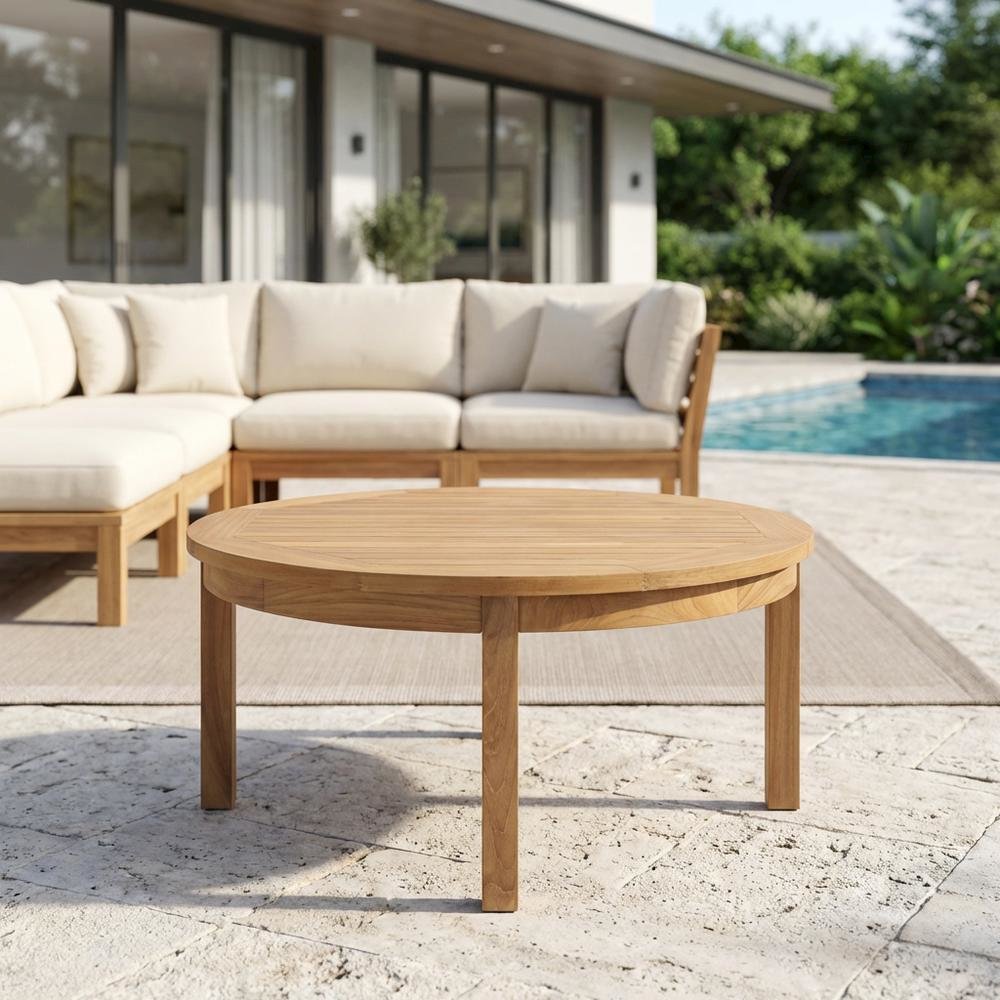 Teak Outdoor Coffee Table With Round Top And Rustic Finish. Picture 3