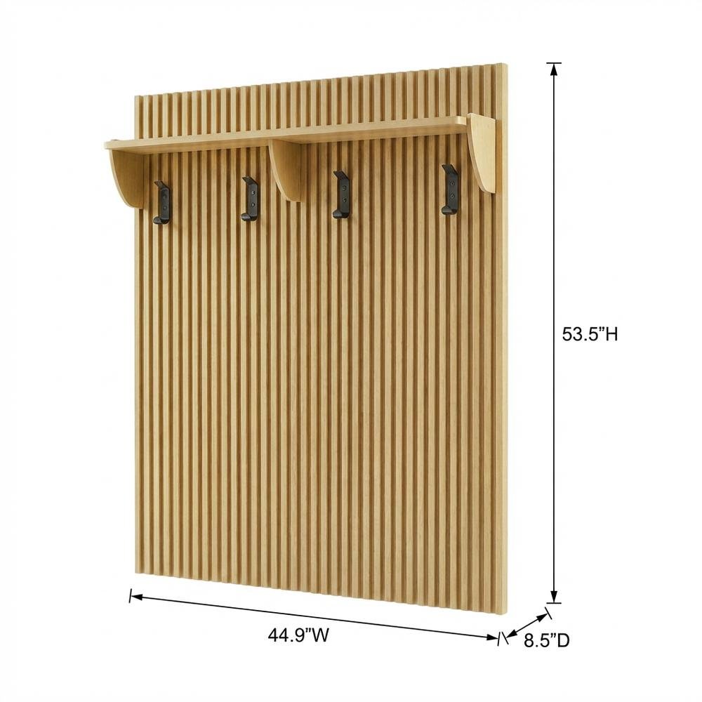 Brown Fluted Coat Rack Panel, Upper Shelf, Modern Entryway Hooks. Picture 7