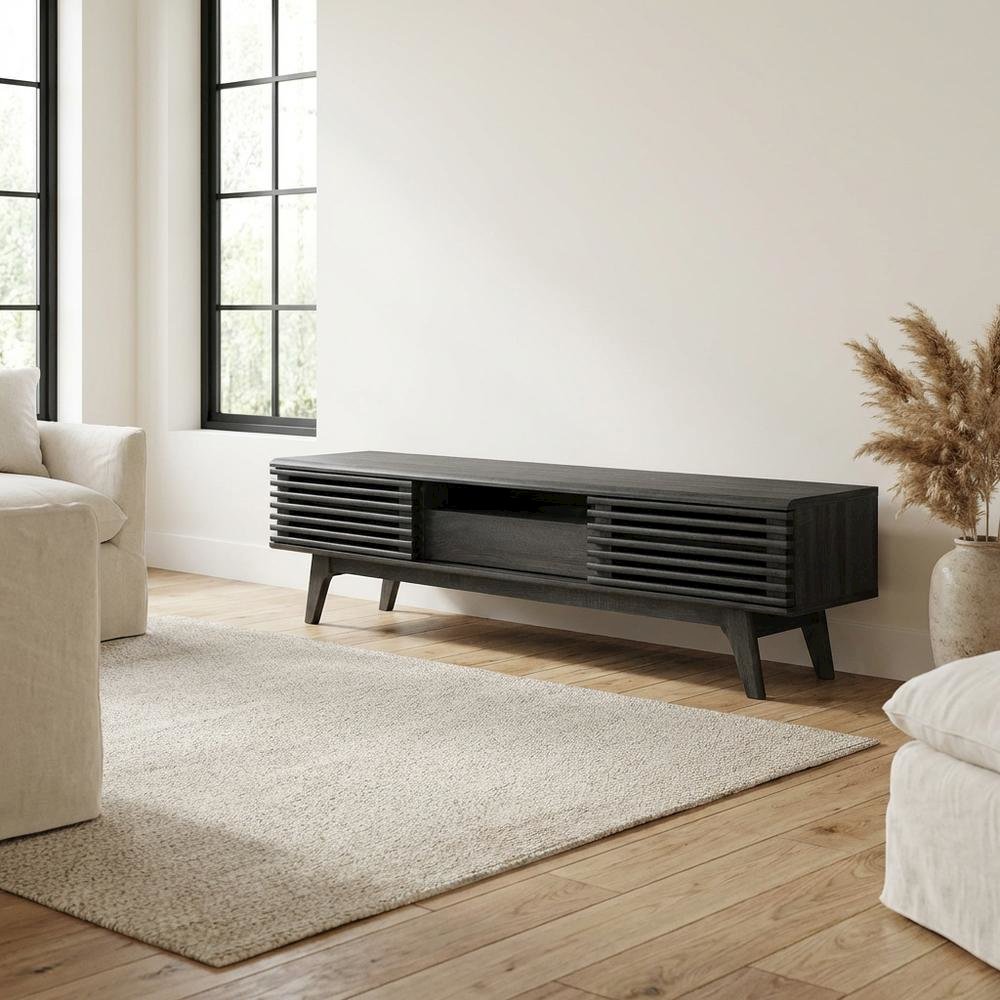 Gray wood TV stand with sleek design and spacious storage. Picture 3