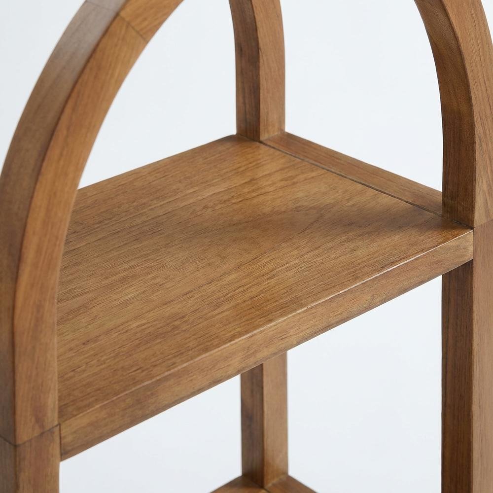 Tall brown arched bookshelf with engineered wood frame for stylish storage. Picture 5