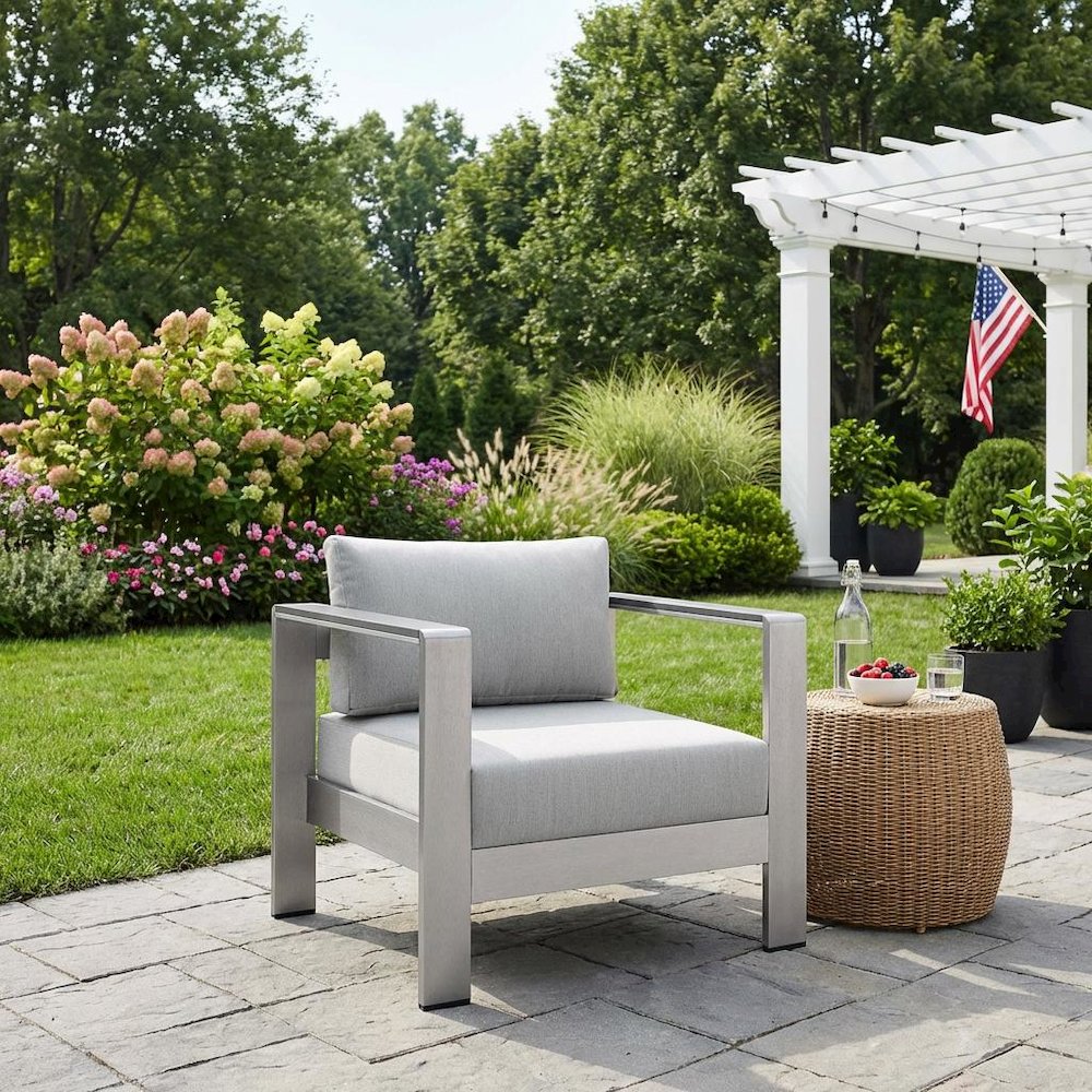 Aluminum Fabric Outdoor Patio Armchair With Cushioned Seating. Picture 3