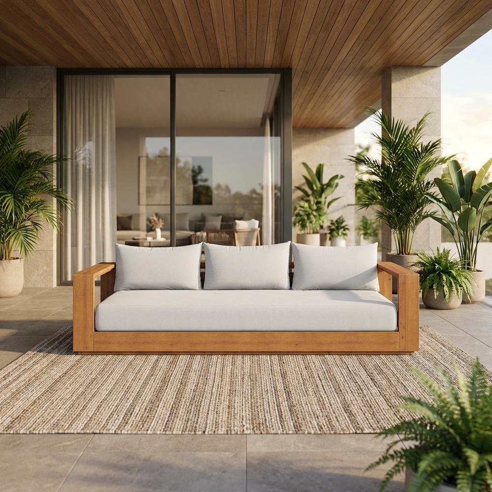 Outdoor Patio Acacia Wood Sofa with Armrests and Comfortable Backrest. Picture 2