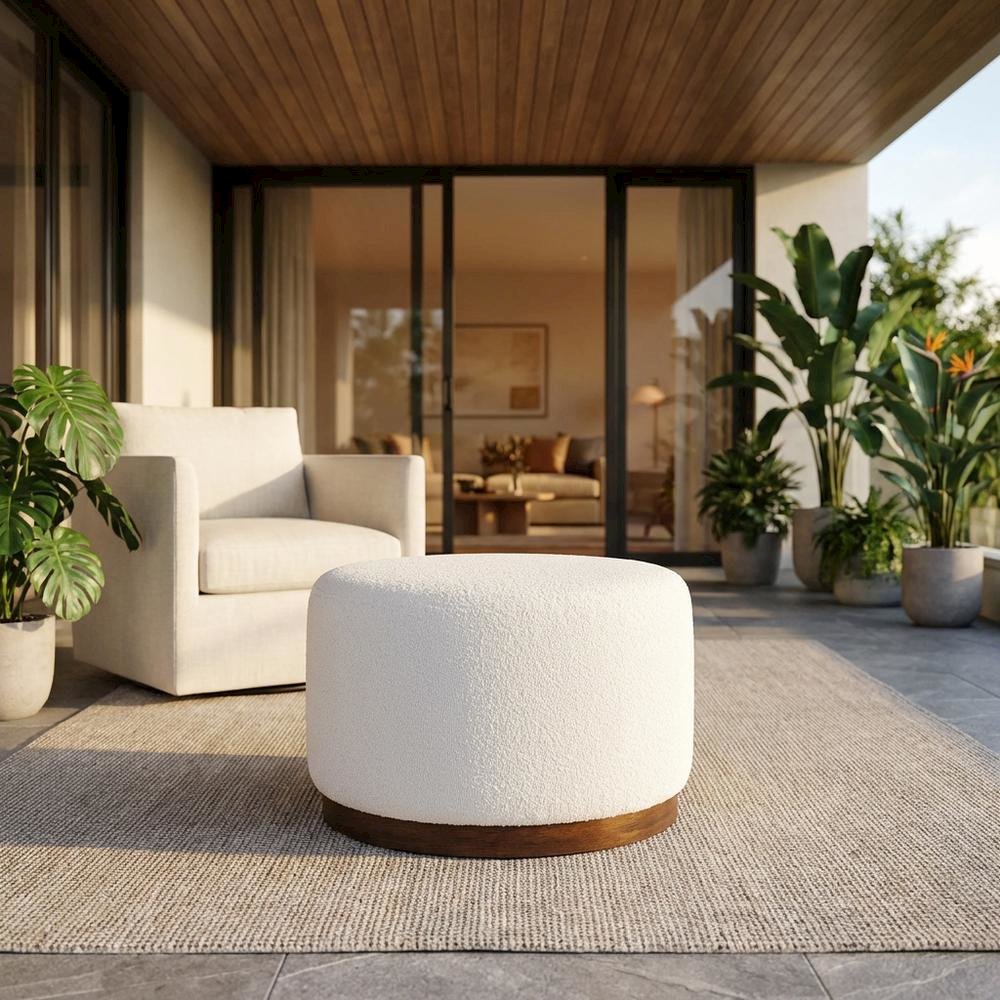 Round Boucle Upholstered Ottoman For Outdoor Lounge And Seating. Picture 2