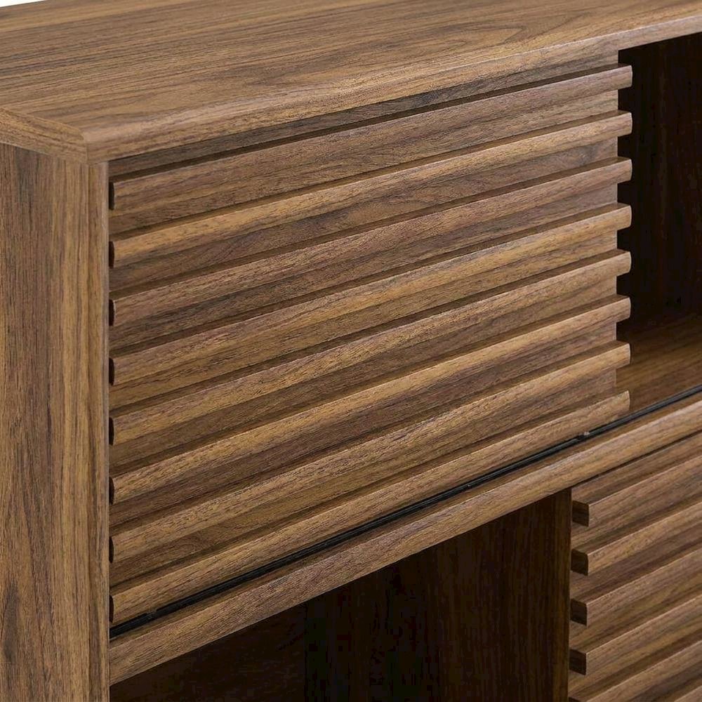 Mid-Century Modern Three-Tier Display Cabinet with Bookshelf Storage, Walnut. Picture 7