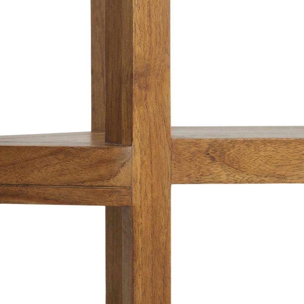 Tall brown arched bookshelf with engineered wood frame for stylish storage. Picture 6
