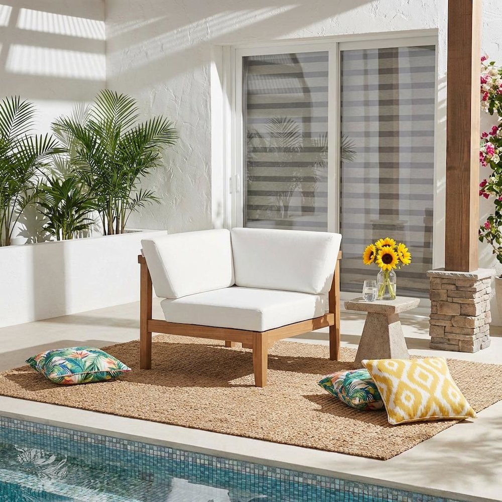 Outdoor Patio Teak Wood Corner Chair With Comfortable Backrest. Picture 2