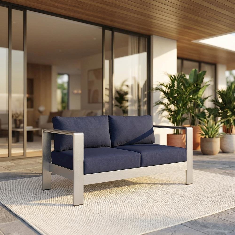 Aluminum Outdoor Loveseat with Fabric Cushions for Patio Comfort. Picture 2