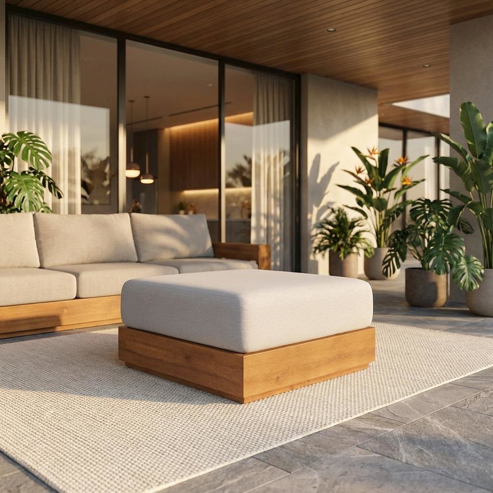 Outdoor Patio Ottoman with Acacia Wood Top and Stylish Design. Picture 2