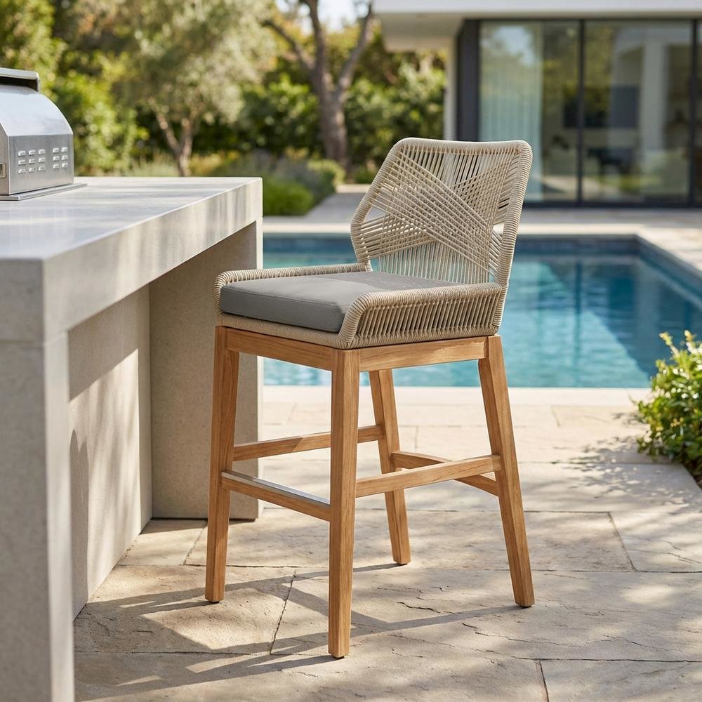 Teak, Rope Outdoor Counter Stool, Weather-Resistant Material, Patio Use. Picture 3