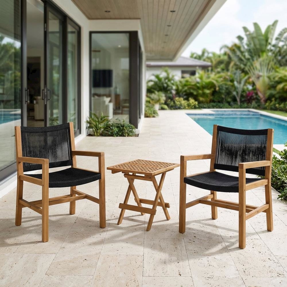 3-Piece Outdoor Patio Teak And Rope Armchair Set With Folding Side Table. Picture 3