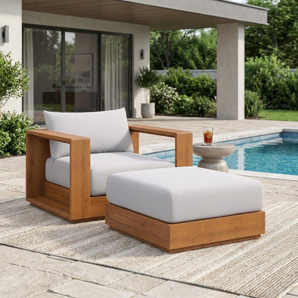Outdoor Patio Acacia Wood Armchair and Ottoman Set with Cushioned Seating. Picture 3