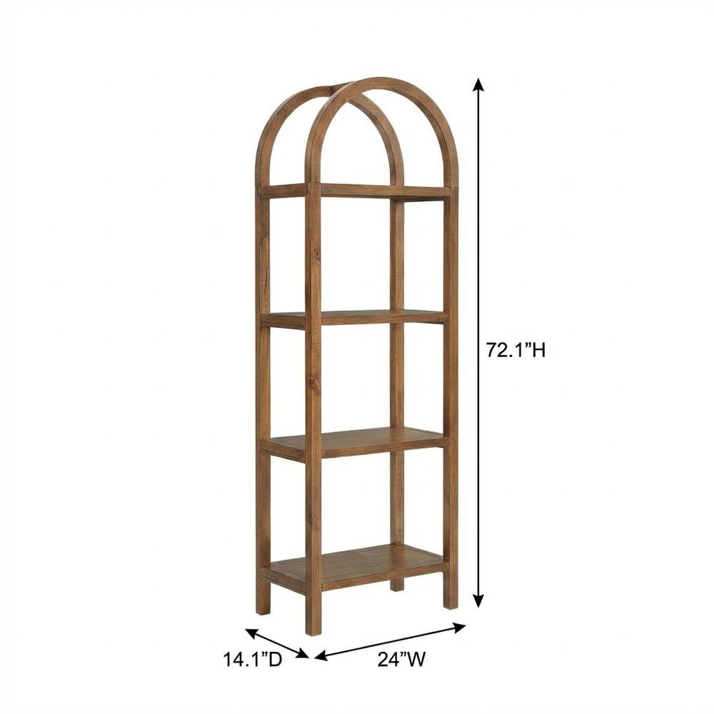 Tall brown arched bookshelf with engineered wood frame for stylish storage. Picture 7