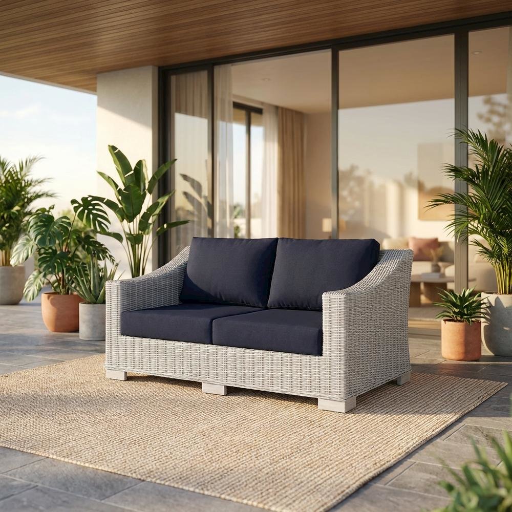 Outdoor Wicker Rattan Loveseat With Armrests And Comfortable Cushions. Picture 2