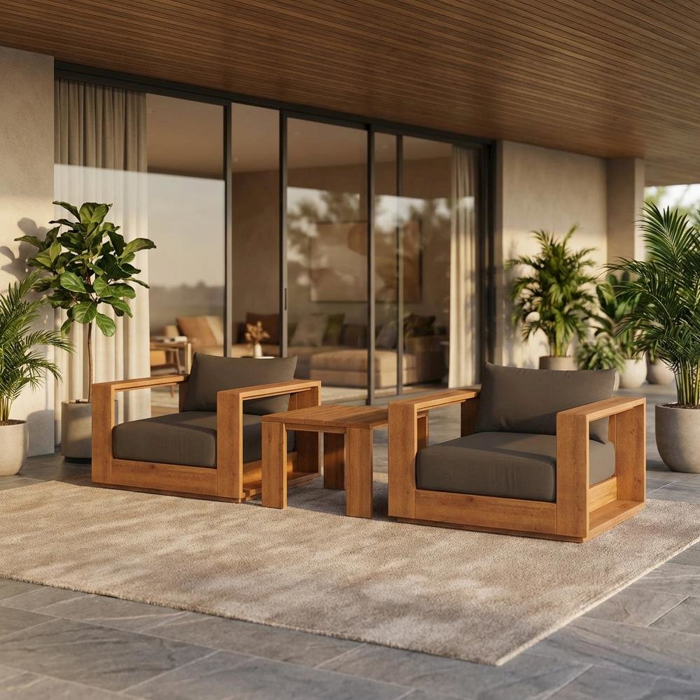 3-Piece Outdoor Acacia Wood Patio Furniture Set, Comfortable Seating, Armrests. Picture 2
