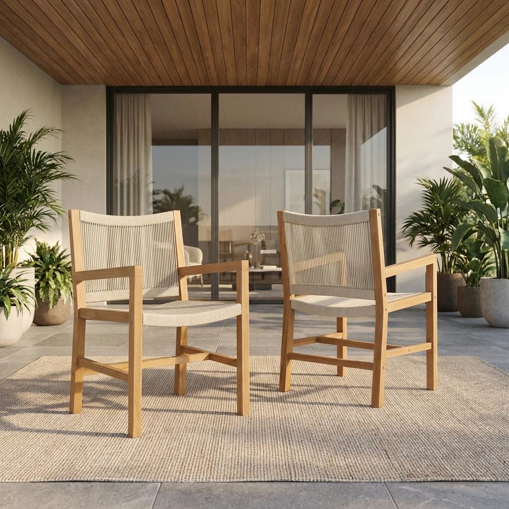Outdoor Dining Armchairs Set Of 2 With Teak And Rope Detailing. Picture 2