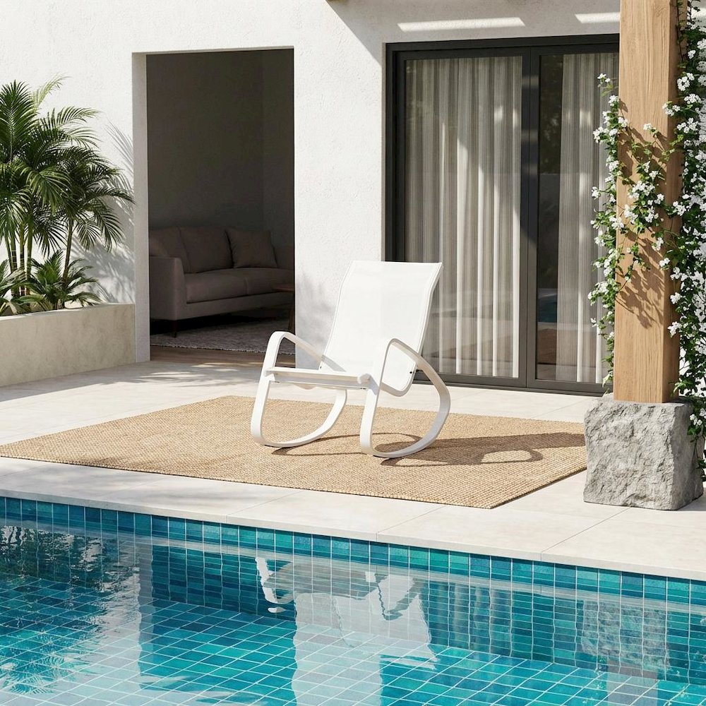 Sun-Resistant Patio Sling Lounge Chair With Cushioned Seat And Armrests. Picture 2