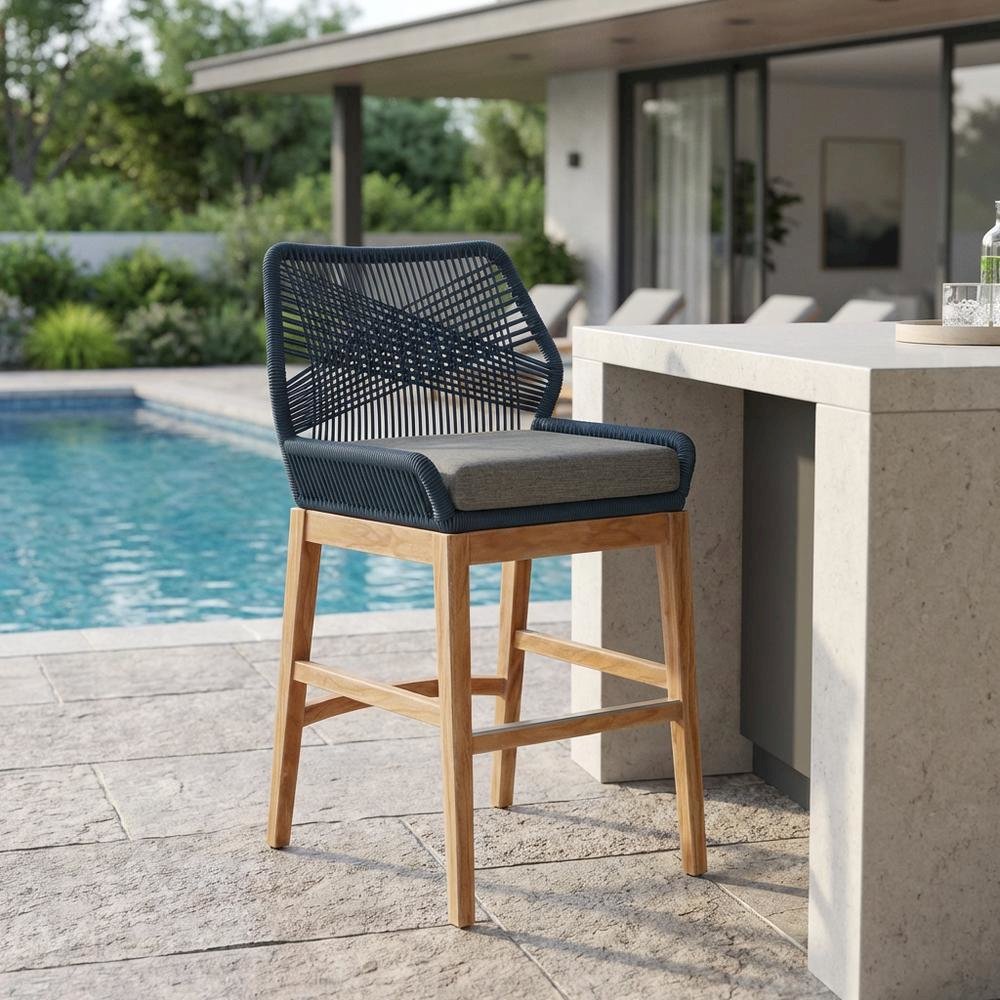 Teak And Rope Outdoor Counter Stool With Weather-Resistant Finish For Patio. Picture 3
