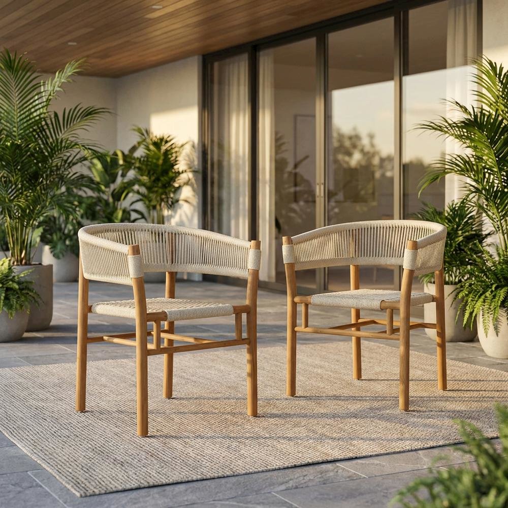 Outdoor Patio Teak, Curved-Back Dining Armchairs Set Of 2, Armrests, Stackable. Picture 2