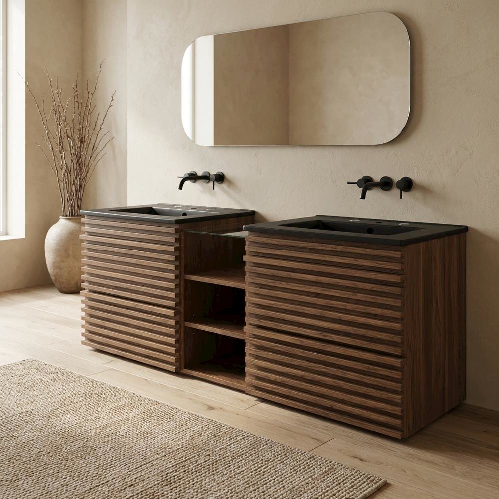 Walnut Black 62-Inch Wall-Mount Double Sink Bathroom Vanity. Picture 3