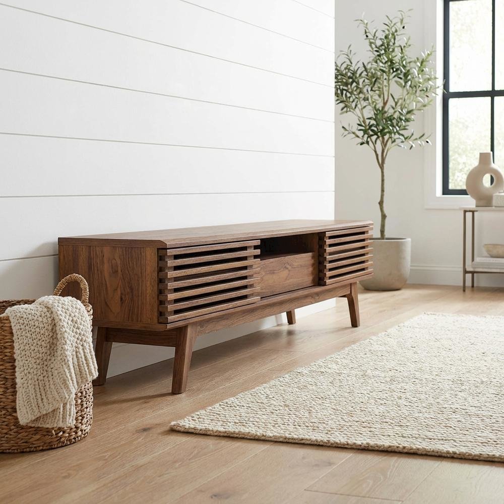 Brown wood TV stand with sleek design and ample storage space. Picture 2