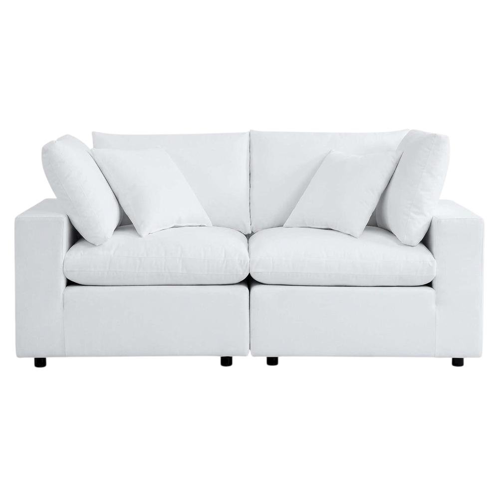 Outdoor Loveseat In Neutral Fabric With Comfortable Cushions. Picture 1