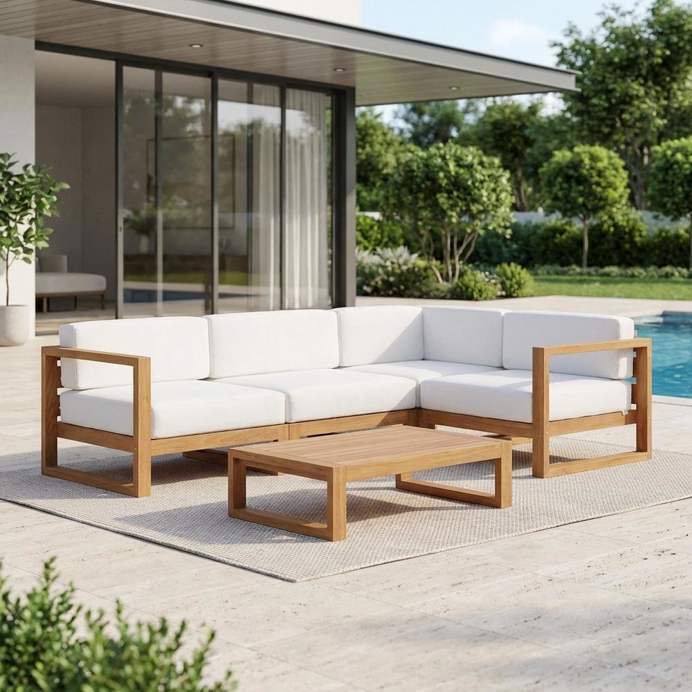 Outdoor Teak Wood Sectional Sofa Set with Cushioned Seating for Patio Lounge. Picture 3