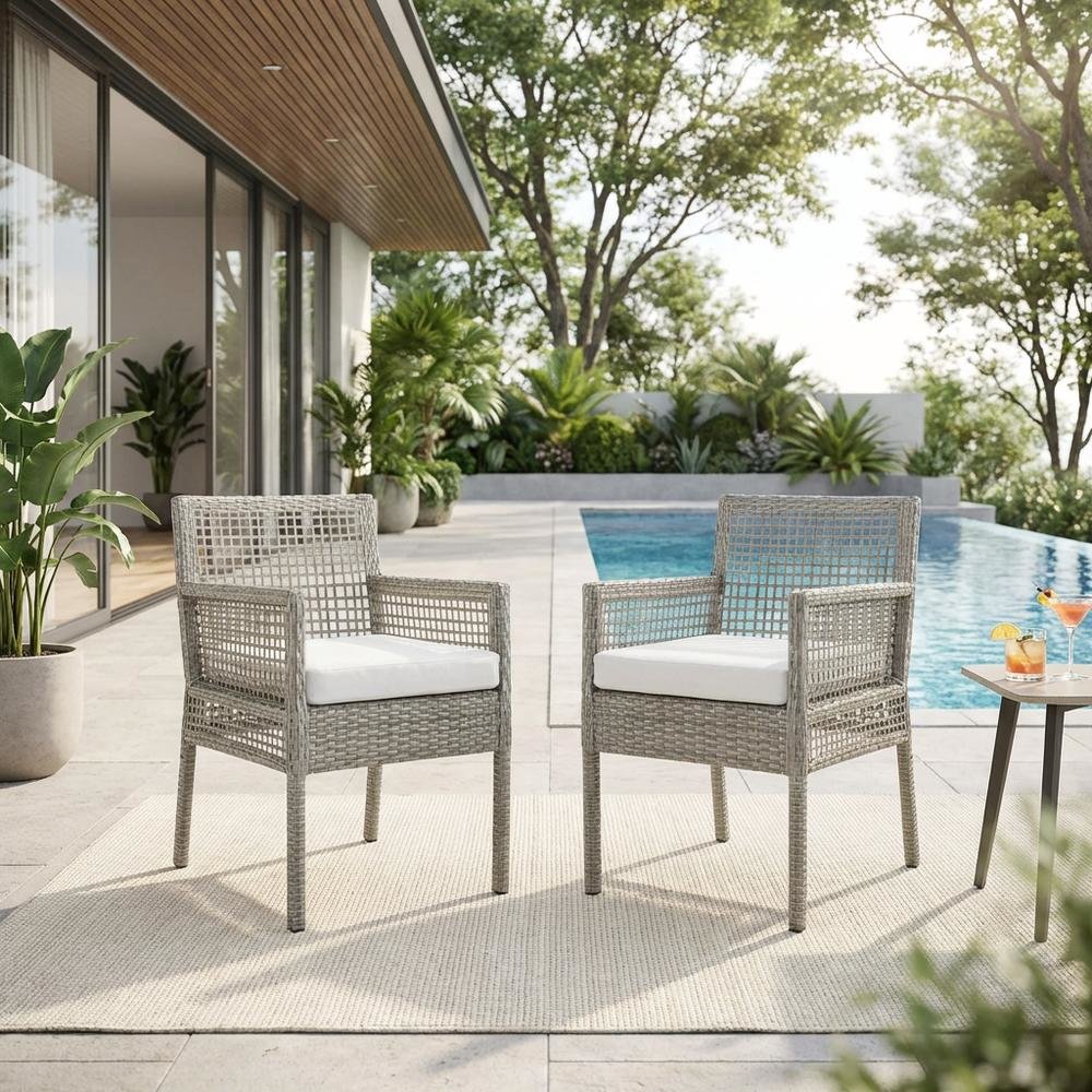 Outdoor Patio Wicker Rattan Dining Armchair Set Of 2, Cushioned Seat, Armrests. Picture 3