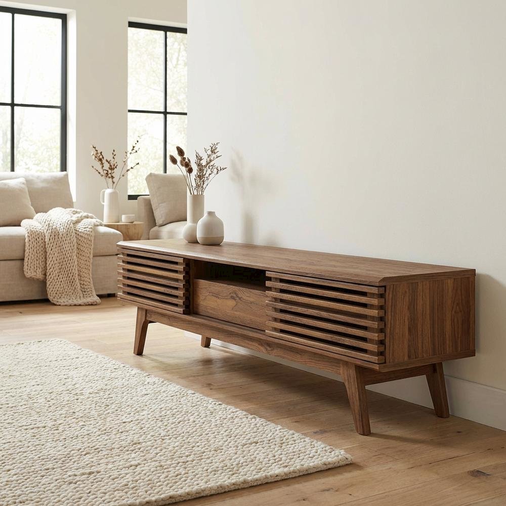 Brown wood TV stand with sleek design and ample storage space. Picture 3