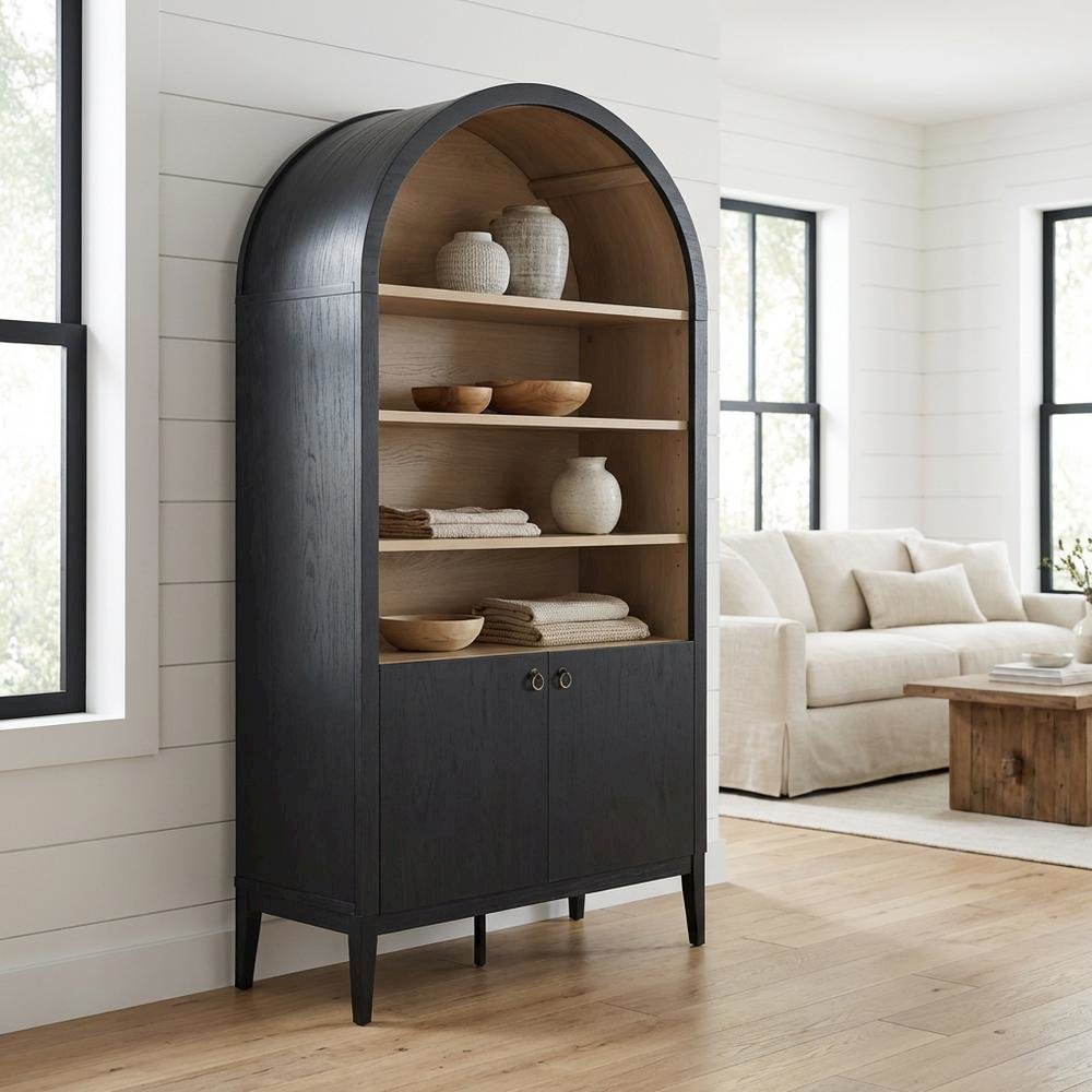 Black tall storage display cabinet with arched design and spacious shelves. Picture 2