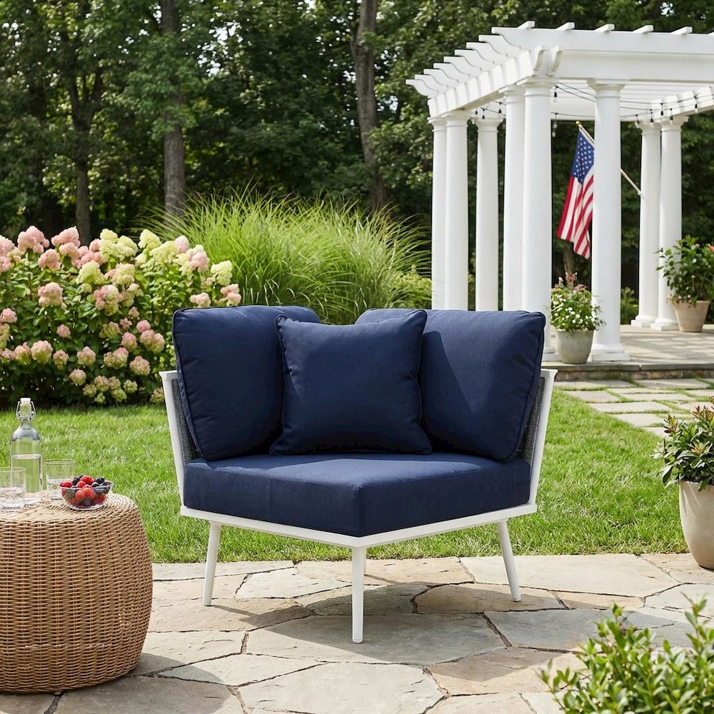 Outdoor Aluminum Corner Lounge Chair With Armrests And Cushioned Seat. Picture 3
