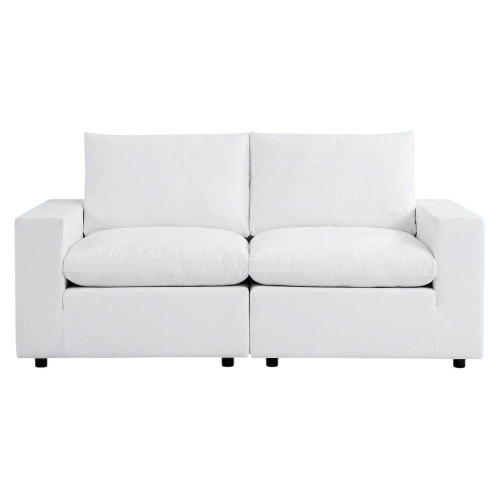 Outdoor Loveseat In Neutral Fabric With Comfortable Cushions. Picture 4