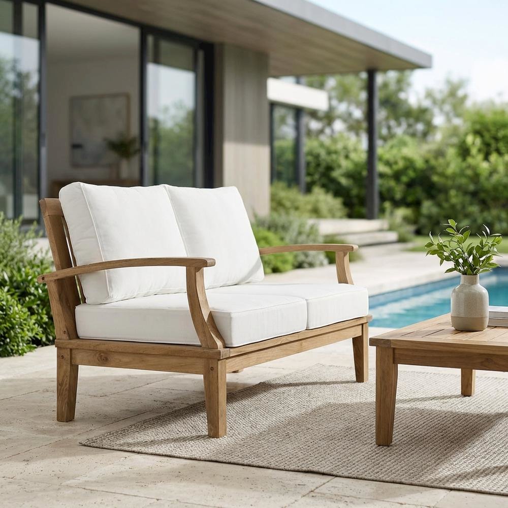 Outdoor Patio Teak Loveseat With Cushioned Seating For Outdoor Relaxation. Picture 3