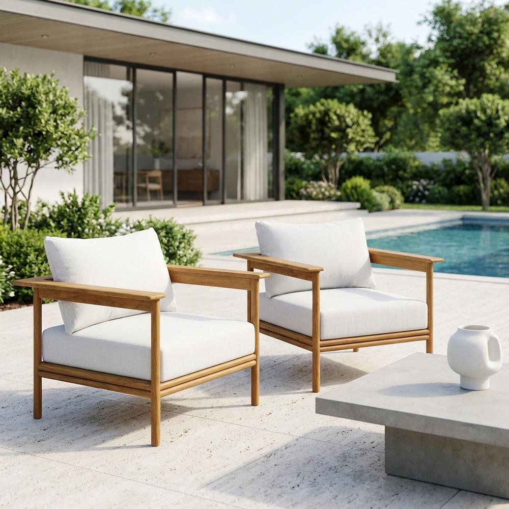 Set of 2 Outdoor Teak Wood Armchairs for Patio Lounge Comfort. Picture 3