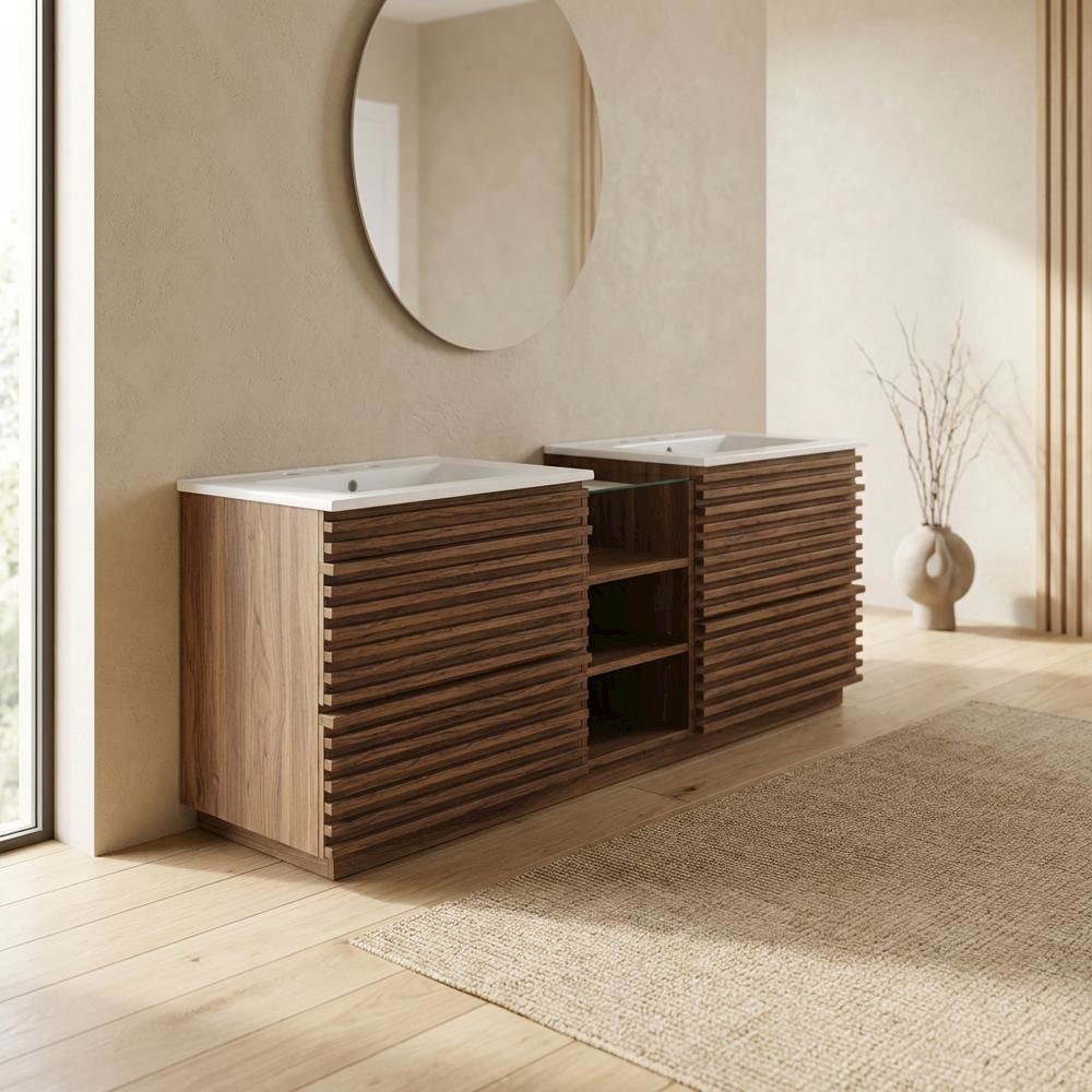 Walnut White 62-Inch Wall-Mount Double Sink Bathroom Vanity. Picture 2
