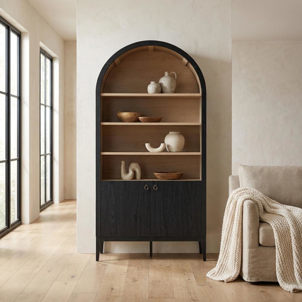 Black tall storage display cabinet with arched design and spacious shelves. Picture 3