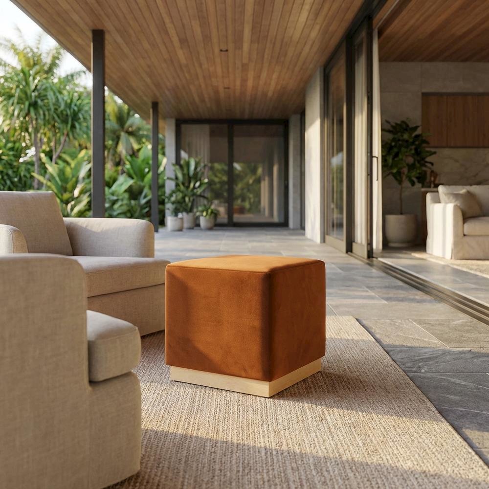 Square Performance Velvet Ottoman In Neutral Tone With Plush Upholstery. Picture 2