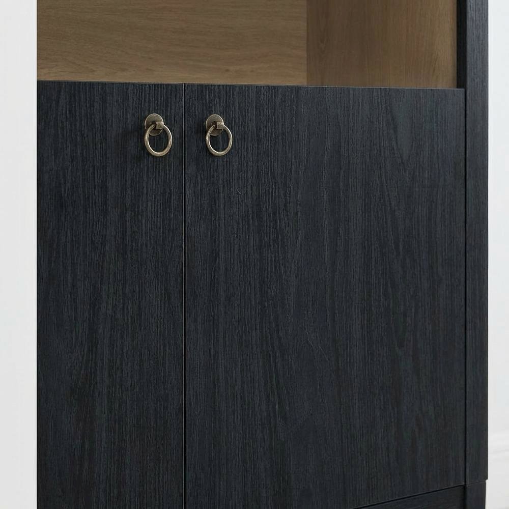 Black tall storage display cabinet with arched design and spacious shelves. Picture 5
