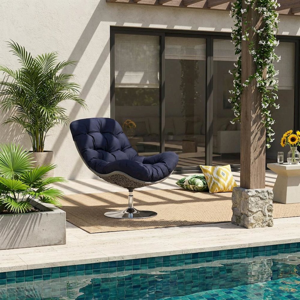 Wicker Rattan Outdoor Swivel Lounge Chair With Cushioned Seat. Picture 2