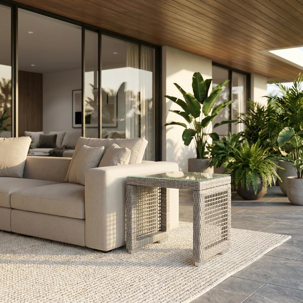 Wicker Rattan Outdoor Side Table in Neutral Finish with Weather-Resistant Design. Picture 2