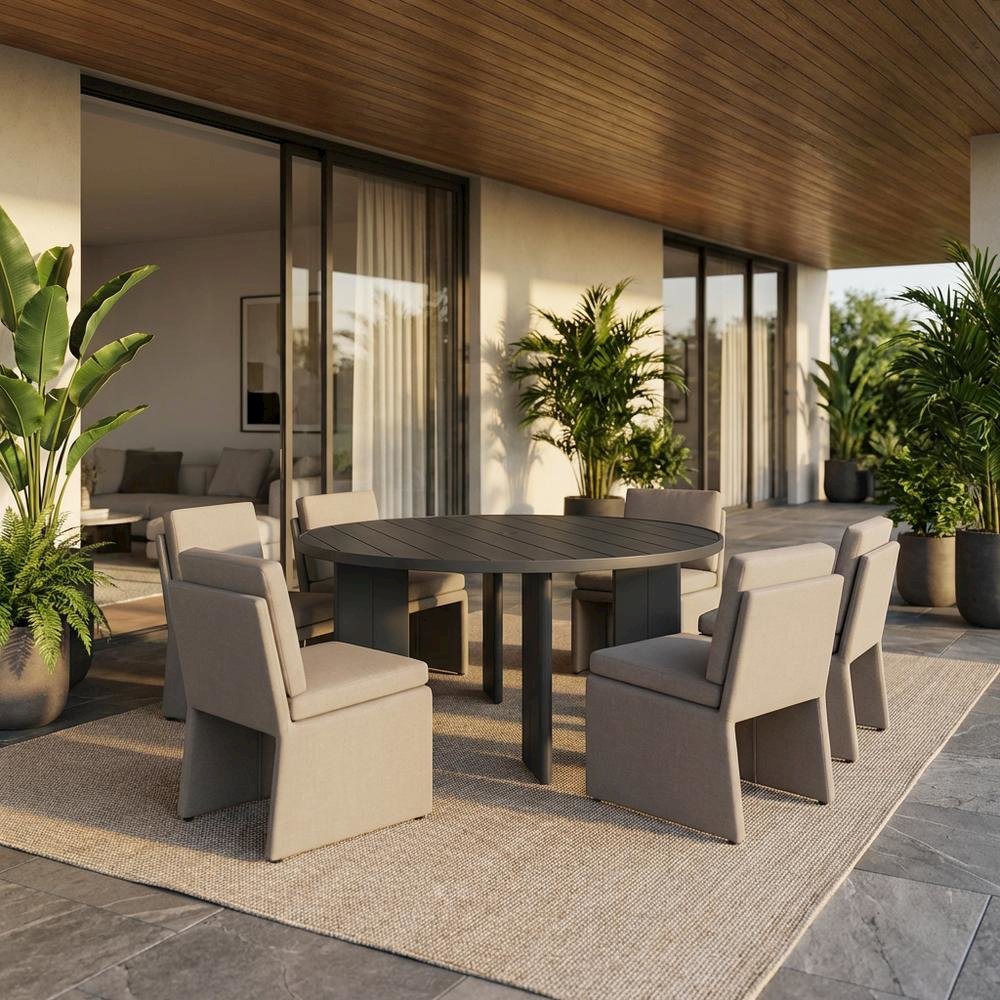 Round Aluminum Outdoor Dining Table With Sturdy Base For Patio Use. Picture 2