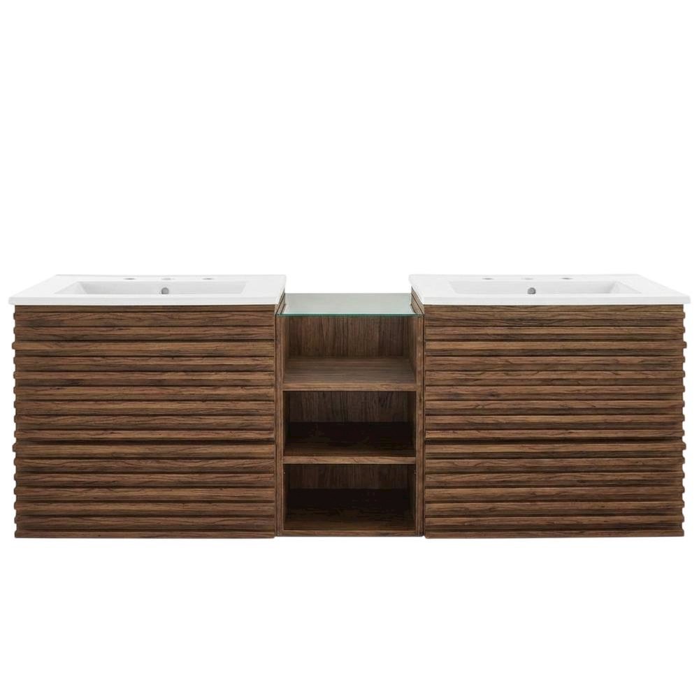 Walnut White 62-Inch Wall-Mount Double Sink Bathroom Vanity. Picture 4
